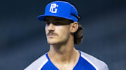 Aug 28, 2022; Phoenix, Arizona, US; East pitcher Bryce Eldridge (38) during the Perfect Game All-American Classic high school baseball game at Chase Field
