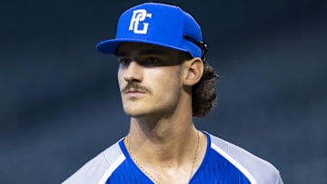 Aug 28, 2022; Phoenix, Arizona, US; East pitcher Bryce Eldridge (38) during the Perfect Game All-American Classic high school baseball game at Chase Field