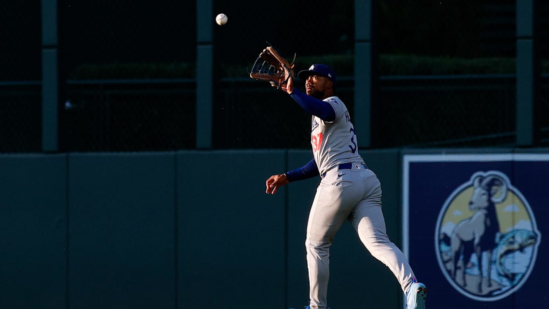 Aug 19, 2025; Denver, Colorado, USA; Los Angeles Dodgers right fielder Teoscar Hernandez (37) makes a catch for an out in the second inning against the Colorado Rockies at Coors Field. Mandatory Credit: Isaiah J. Downing-Imagn Images