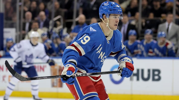 Mar 5, 2026; New York, New York, USA; New York Rangers right wing Jaroslav Chmelar (49) skates against the Toronto Maple Leafs during the third period at Madison Square Garden. Mandatory Credit: Brad Penner-Imagn Images