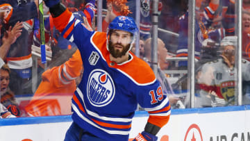 Edmonton Oilers center Adam Henrique (19) celebrates after scoring a goal