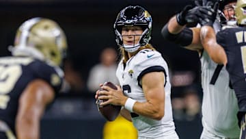 Aug 17, 2025; New Orleans, Louisiana, USA;  Jacksonville Jaguars quarterback Trevor Lawrence (16) looks downfield against the New Orleans Saints during the first half at Caesars Superdome. Mandatory Credit: Stephen Lew-Imagn Images