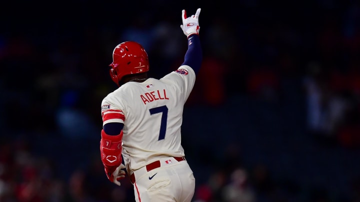 Aug 12, 2024; Anaheim, California, USA; Los Angeles Angels right fielder Jo Adell (7) runs the bases after hitting a solo home run against the Toronto Blue Jays during the ninth inning at Angel Stadium. Mandatory Credit: Gary A. Vasquez-USA TODAY Sports