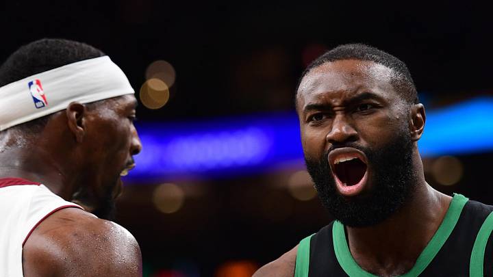Boston Celtics guard Jaylen Brown (7) reacts towards the official after a play during the second half against the Miami Heat at TD Garden.