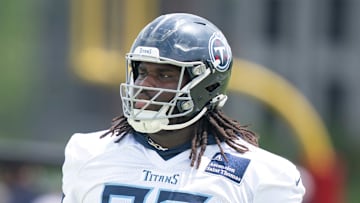 Tennessee Titans nose tackle T'Vondre Sweat works out during OTAs at Ascension Saint Thomas Sports Park