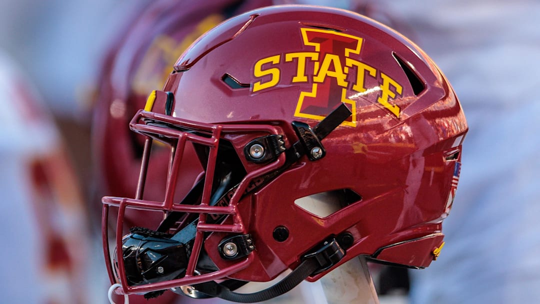 Nov 9, 2024; Kansas City, Missouri, USA; Iowa State Cyclones helmets on the bench during the first quarter against the Kansas Jayhawks at GEHA Field at Arrowhead Stadium.