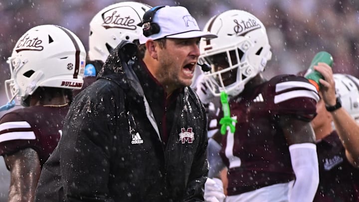 Mississippi State Bulldogs coach Jeff Lebby reacts during the first quarter of the game against the Eastern Kentucky Colonels at Davis Wade Stadium at Scott Field. Mississippi State Bulldogs coach Jeff Lebby reacts during the first quarter of the game against the Eastern Kentucky Colonels at Davis Wade Stadium at Scott Field.