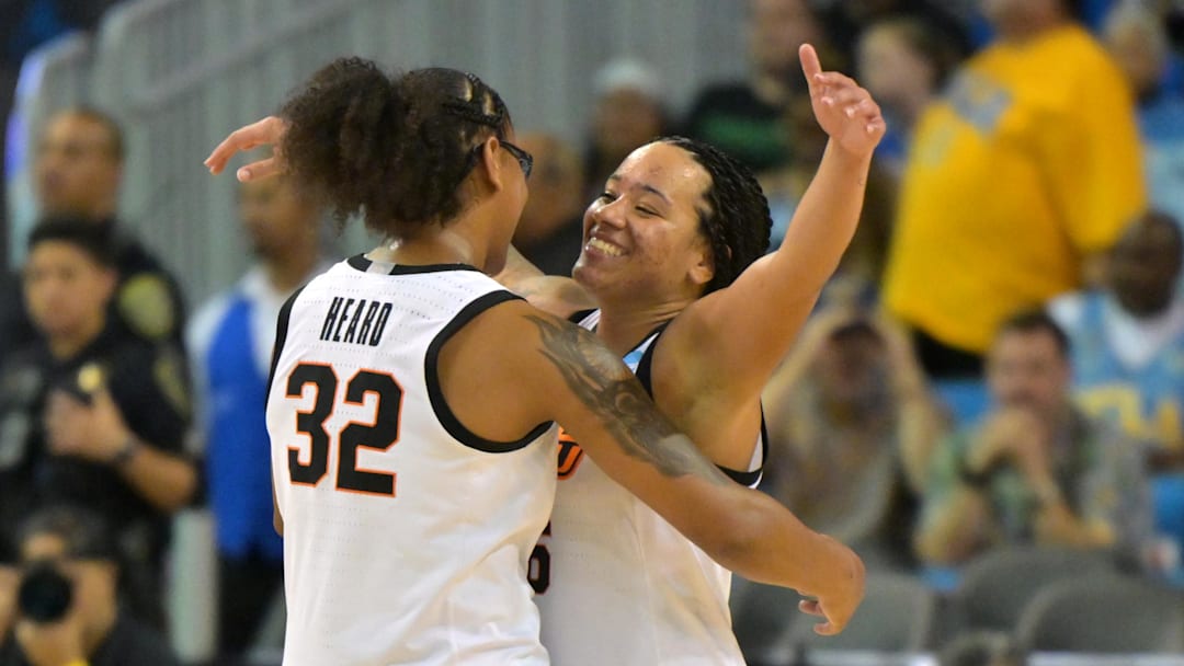 Mar 21, 2026; Los Angeles, CA, USA; Oklahoma State Cowboys guard Stailee Heard (32) and Oklahoma State Cowboys guard Jadyn Wooten (6) celebrate after defeating the Princeton Tigers in the first round of the NCAA Women’s Basketball Tournament at Pauley Pavilion. Mandatory Credit: Jayne Kamin-Oncea-Imagn Images