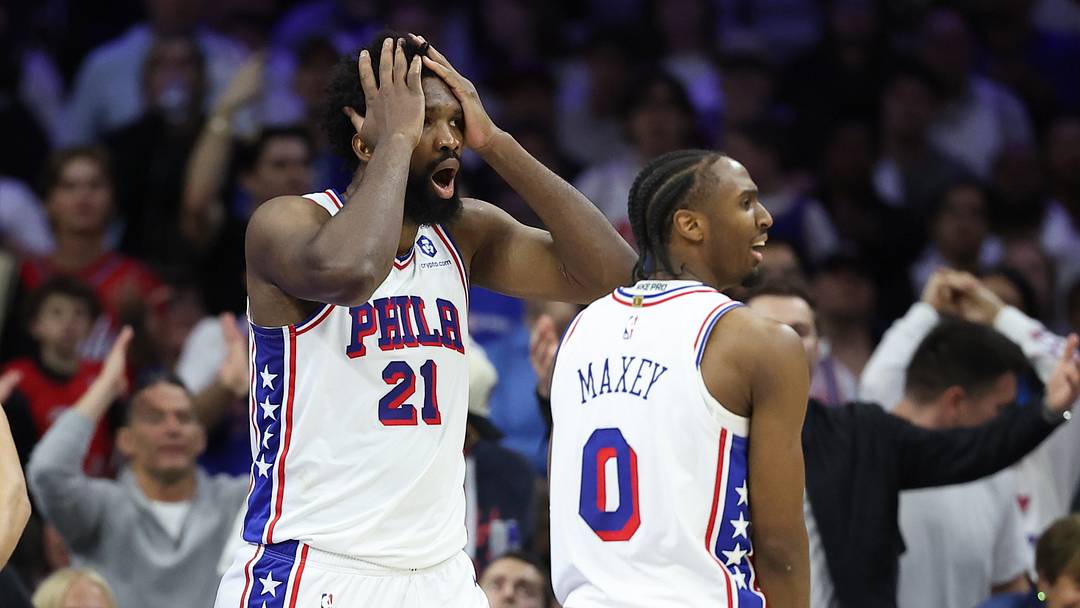 May 8, 2026; Philadelphia, Pennsylvania, USA; Philadelphia 76ers center Joel Embiid (21) reacts next to guard Tyrese Maxey (0) after a foul call during the third quarter of game three of the second round of the 2026 NBA Playoffs against the New York Knicks at Xfinity Mobile Arena. Mandatory Credit: Bill Streicher-Imagn Images