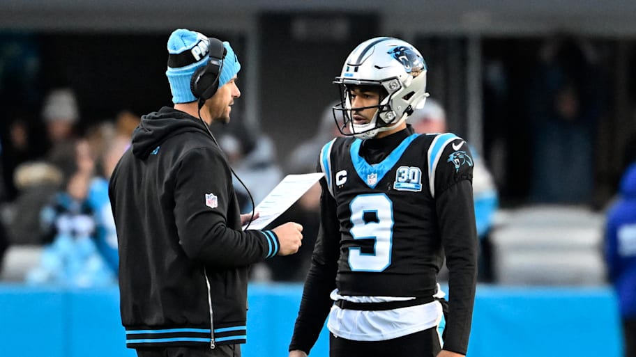 Carolina Panthers head coach Dave Canales with quarterback Bryce Young. | Bob Donnan-Imagn Images