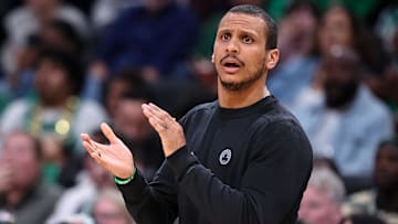 Mar 17, 2024; Washington, District of Columbia, USA; Boston Celtics head coach Joe Mazzulla reacts to a play against the Washington Wizards during the second half of the game at Capital One Arena. Mandatory Credit: Scott Taetsch-Imagn Images