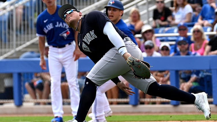 Feb 26, 2023; Dunedin, Florida, USA; New York Yankees first baseman Andres Chaparro (87) attempts to