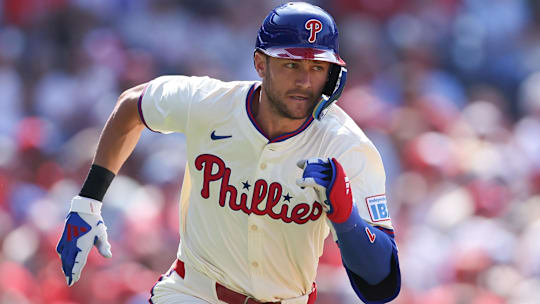Jul 5, 2025; Philadelphia, Pennsylvania, USA; Philadelphia Phillies shortstop Trea Turner (7) runs the bases on a double during the first inning against the Cincinnati Reds at Citizens Bank Park