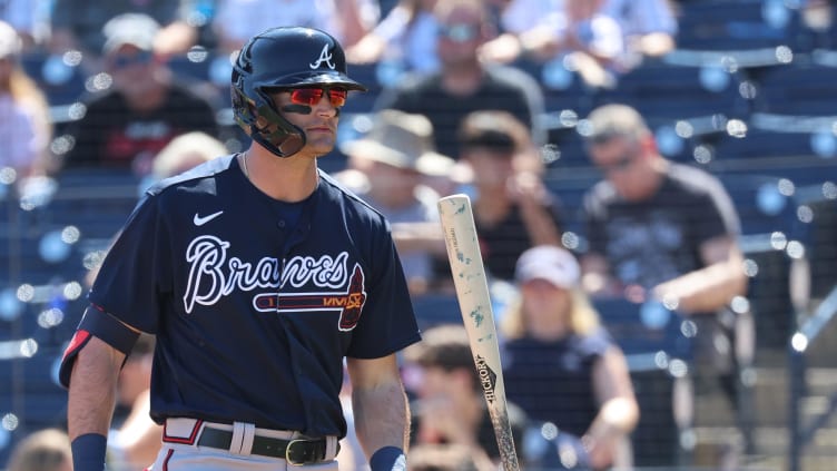 Feb 26, 2023; Tampa, Florida, USA; Atlanta Braves center fielder Sam Hilliard (14) reacts as he