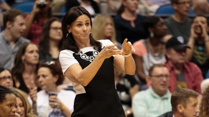 Jun 27, 2015; Minneapolis, MN, USA; Phoenix Mercury head coach Sandy Brondello in the second quarter against the Minnesota Lynx at Target Center. Mandatory Credit: Brad Rempel-Imagn Images