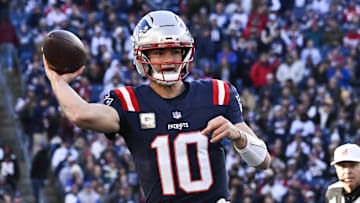 Nov 2, 2025; Foxborough, Massachusetts, USA;  New England Patriots quarterback Drake Maye (10) passes against the Atlanta Falcons during the third quarter at Gillette Stadium.