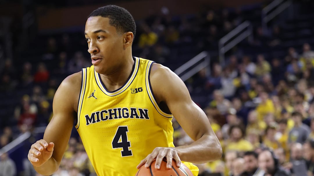 Feb 7, 2024; Ann Arbor, Michigan, USA;  Michigan Wolverines guard Nimari Burnett (4) dribbles in the