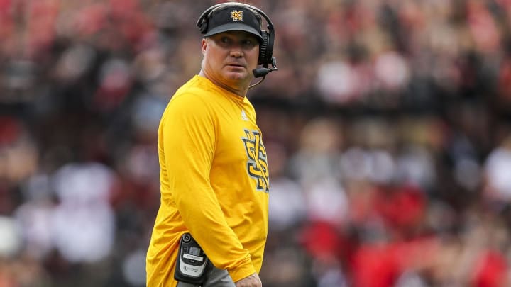 Sep 10, 2022; Cincinnati, Ohio, USA; Kennesaw State Owls head coach Brian Bohannon during the first half against the Cincinnati Bearcats at Nippert Stadium. Mandatory Credit: Katie Stratman-USA TODAY Sports