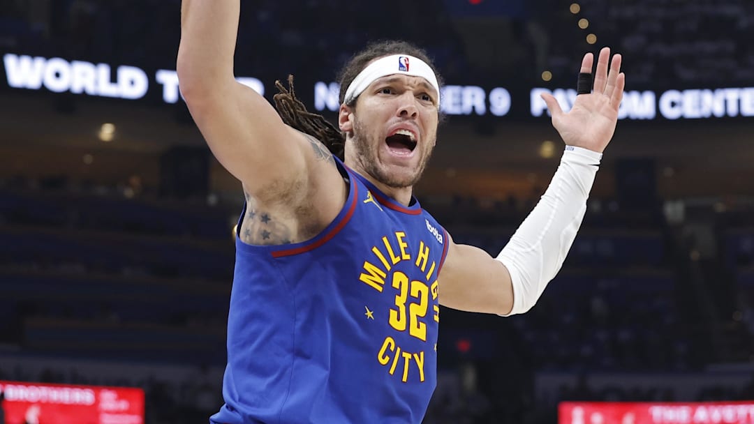 May 13, 2025; Oklahoma City, Oklahoma, USA; Denver Nuggets forward Aaron Gordon (32) reacts after a play against the Oklahoma City Thunder during the second quarter of game five of the second round for the 2025 NBA Playoffs at Paycom Center. Mandatory Credit: Alonzo Adams-Imagn Images