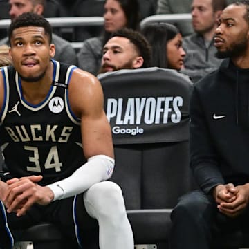 Apr 27, 2025; Milwaukee, Wisconsin, USA; Milwaukee Bucks forward Giannis Antetokounmpo (34) looks on in the final seconds of the game against the Indiana Pacers during game four of first round for the 2024 NBA Playoffs at Fiserv Forum.