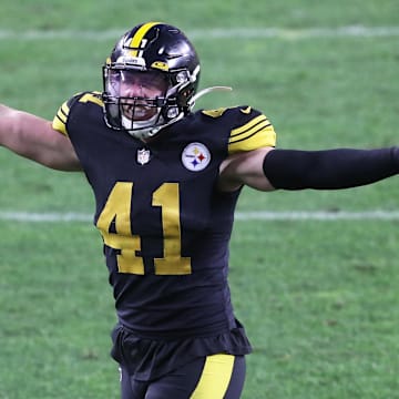 Dec 2, 2020; Pittsburgh, Pennsylvania, USA;  Pittsburgh Steelers inside linebacker Robert Spillane (41) reacts to a defensive stand to end the first half against the Baltimore Ravens at Heinz Field. The Steelers won 19-14. Mandatory Credit: Charles LeClaire-Imagn Images