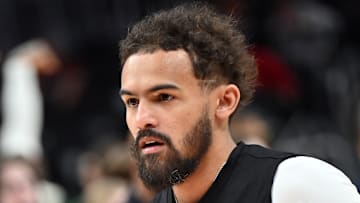 Trae Young #11 of the Atlanta Hawks warms up before facing the Milwaukee Bucks.