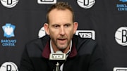 Nov 9, 2022; Brooklyn, New York, USA; Brooklyn Nets general manager Sean Marks speaks during a press conference before a game against the New York Knicks at Barclays Center. Mandatory Credit: Brad Penner-Imagn Images