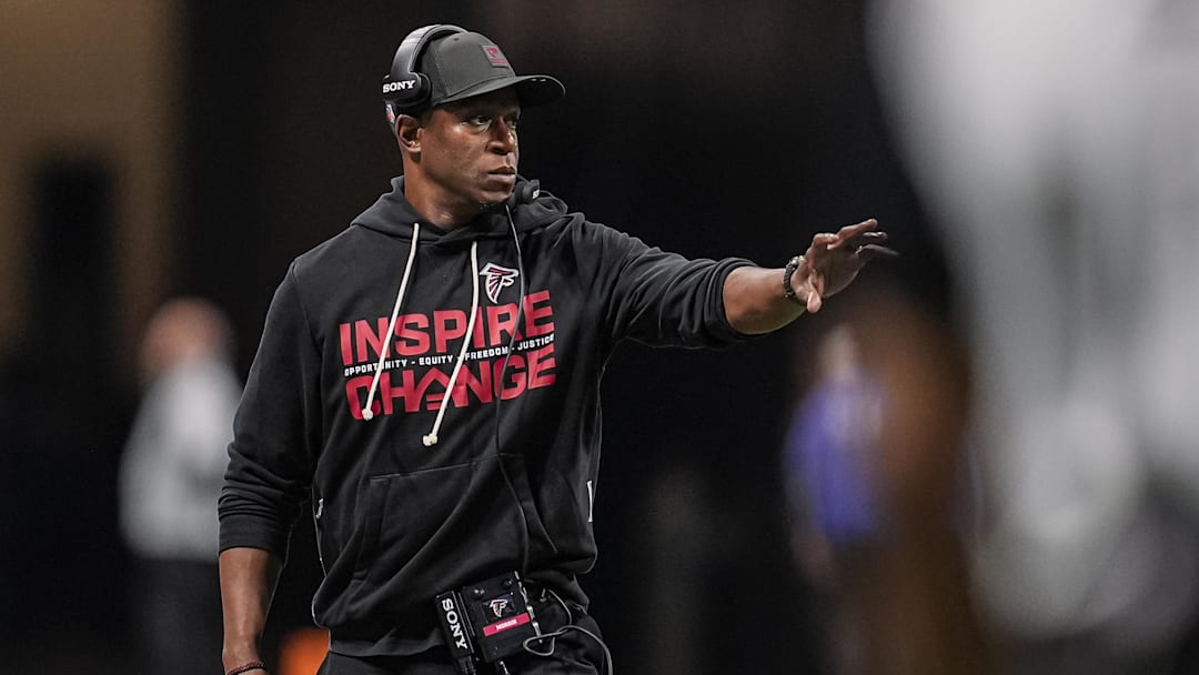Jan 4, 2026; Atlanta, Georgia, USA; Atlanta Falcons head coach Raheem Morris on the sideline during the game against the New Orleans Saints during the second half at Mercedes-Benz Stadium. Mandatory Credit: Dale Zanine-Imagn Images