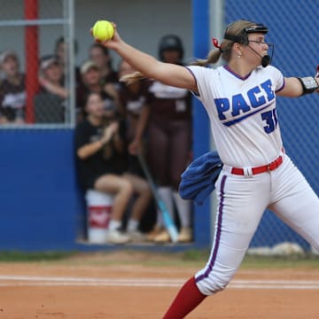 Pace's Hannah DeMarcus (33) throws a pitch during the Pace softball team's Region 1-6A championship game win over Navarre on Thursday, May 15, 2025, at Pace High School.