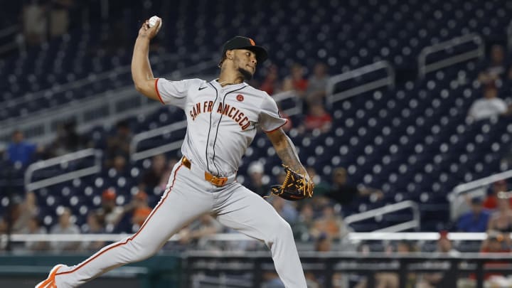 Aug 7, 2024; Washington, District of Columbia, USA; San Francisco Giants pitcher Camilo Doval (75) pitches against the Washington Nationals during the ninth inning at Nationals Park. 