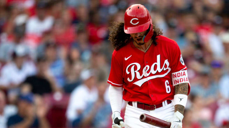 Cincinnati Reds second baseman Jonathan India (6) screams after striking out.