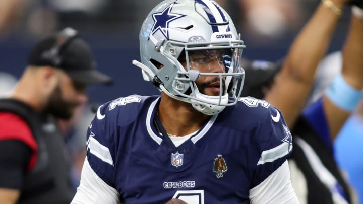 Aug 24, 2024; Arlington, Texas, USA; Dallas Cowboys quarterback Dak Prescott (4) throws a pass before the game against the Los Angeles Chargers at AT&T Stadium. 