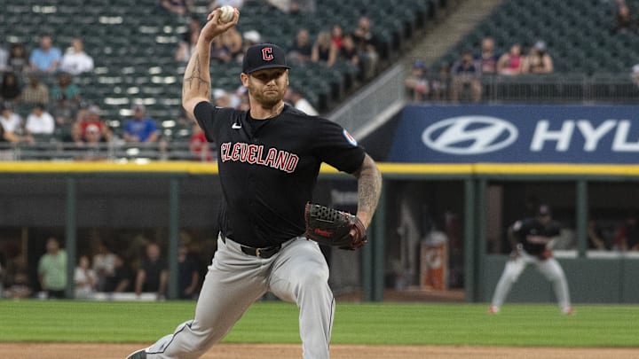 Sep 10, 2024; Chicago, Illinois, USA;  Cleveland Guardians pitcher Ben Lively (39) throws a pitch against the Chicago White Sox during the first inning at Guaranteed Rate Field. Mandatory Credit: Matt Marton-Imagn Images