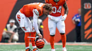 Cincinnati Bengals quarterback Joe Burrow (9) is injured on a play in the second quarter of the NFL Week 2 game between the Cincinnati Bengals and the Jacksonville Jaguars at Paycor Stadium in downtown Cincinnati on Sunday, Sept. 14, 2025. The Jaguars led 17-10 at halftime.