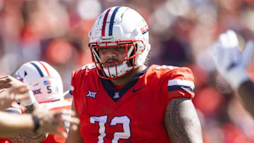 Oct 19, 2024; Tucson, Arizona, USA; Arizona Wildcats offensive lineman Wendell Moe Jr. (72) against the Colorado Buffalos at Arizona Stadium. Mandatory Credit: Mark J. Rebilas-Imagn Images