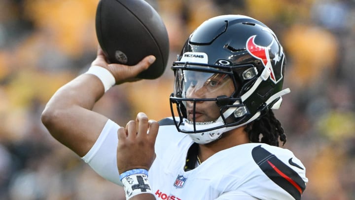 Aug 9, 2024; Pittsburgh, Pennsylvania, USA;  Houston Texans quarterback C.J. Stroud (7) warms up against the Pittsburgh Steelers during the first quarter at Acrisure Stadium. Mandatory Credit: Barry Reeger-USA TODAY Sports