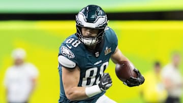 Feb 9, 2025; New Orleans, LA, USA; Philadelphia Eagles  tight end Dallas Goedert (88) against the Kansas City Chiefs during Super Bowl LIX at Ceasars Superdome. Mandatory Credit: Mark J. Rebilas-Imagn Images