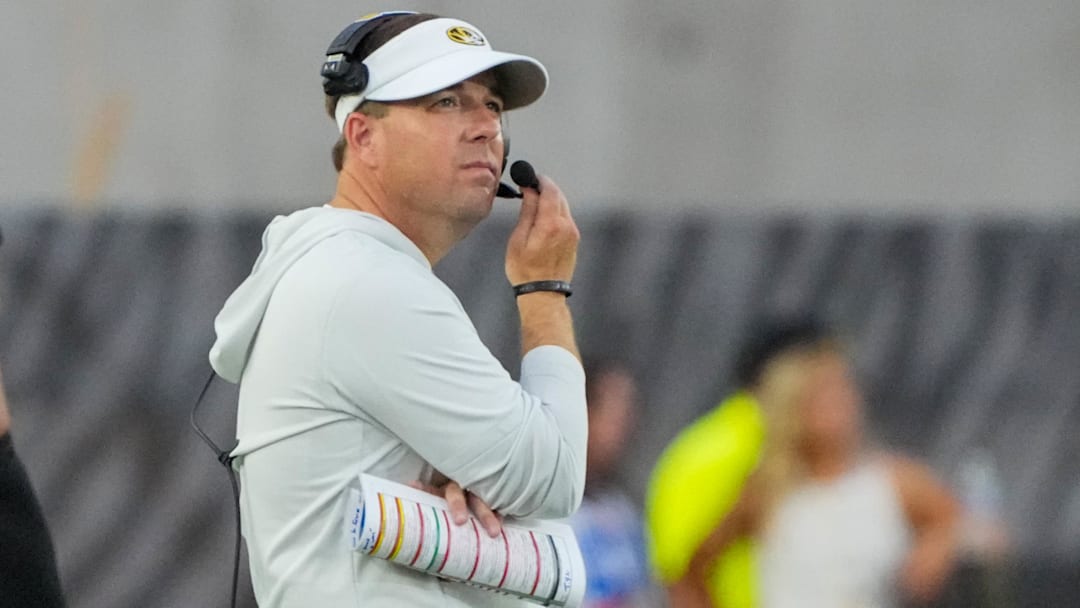 Sep 20, 2025; Columbia, Missouri, USA; Missouri Tigers head coach Eli Drinkwitz on field against the South Carolina Gamecocks during the first half of the game at Faurot Field at Memorial Stadium. Mandatory Credit: Denny Medley-Imagn Images