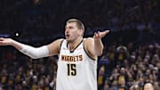 May 5, 2025; Oklahoma City, Oklahoma, USA; Denver Nuggets center Nikola Jokic (15) reacts after a play against the Oklahoma City Thunder during the second half in game one of the second round for the 2025 NBA Playoffs at Paycom Center. Mandatory Credit: Alonzo Adams-Imagn Images