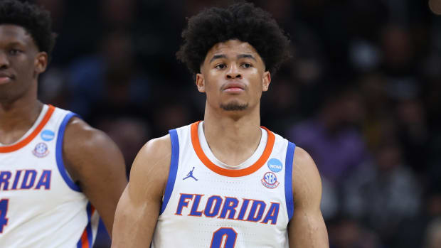 Mar 22, 2024; Indianapolis, IN, USA; Florida Gators guard Zyon Pullin (0) reacts in the second half against the Colorado Buffaloes in the first round of the 2024 NCAA Tournament at Gainbridge FieldHouse. Mandatory Credit: Trevor Ruszkowski-USA TODAY Sports
