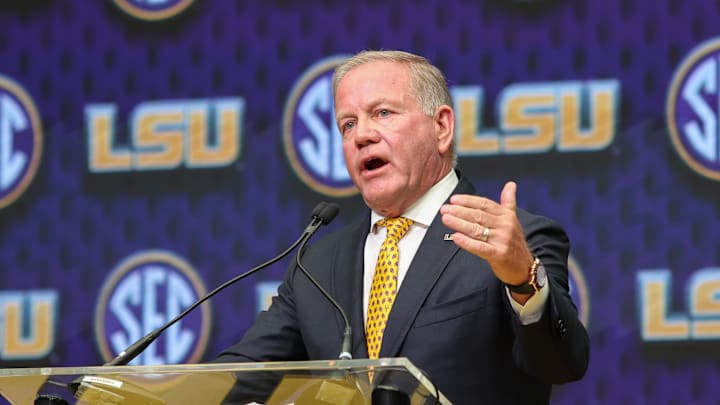 LSU Tigers head coach Brian Kelly talks to the media during SEC Media Day at Omni Atlanta Hotel. LSU Tigers head coach Brian Kelly talks to the media during SEC Media Day at Omni Atlanta Hotel.