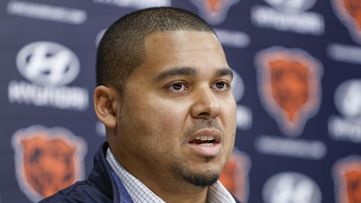Mar 16, 2023; Lake Forest, IL, USA; Chicago Bears general manager Ryan Poles speaks during a press conference at Halas Hall. Mandatory Credit: Kamil Krzaczynski-Imagn Images