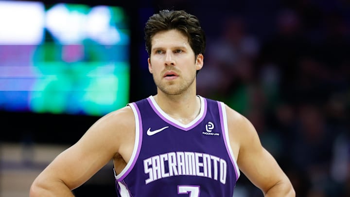 Mar 17, 2026; Sacramento, California, USA; Sacramento Kings forward Doug McDermott (7) looks on during the second quarter against the San Antonio Spurs at Golden 1 Center. Mandatory Credit: Sergio Estrada-Imagn Images