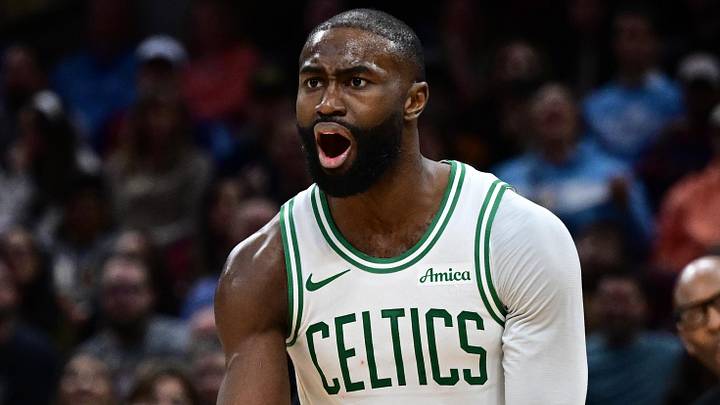 Nov 30, 2025; Cleveland, Ohio, USA; Boston Celtics guard Jaylen Brown (7) reacts after fouling Cleveland Cavaliers guard Donovan Mitchell (45) during the second half at Rocket Arena. Mandatory Credit: David Dermer-Imagn Images