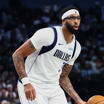 Oct 22, 2025; Dallas, Texas, USA;  Dallas Mavericks forward Anthony Davis (3) dribbles during the game against the San Antonio Spurs at American Airlines Center. Mandatory Credit: Kevin Jairaj-Imagn Images