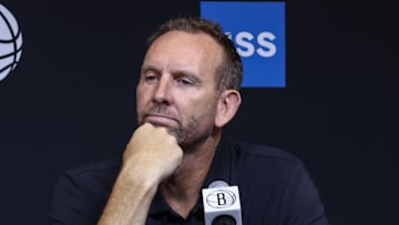 Sep 23, 2025; Brooklyn, NY, USA;  Brooklyn Nets general manager Sean Marks speaks at Media Day.  Mandatory Credit: Wendell Cruz-Imagn Images