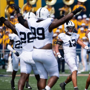 Penn State cornerback A.J. Harris (4) celebrates a pass breakup in the first half against West Virginia. 