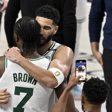 Jun 12, 2024; Dallas, Texas, USA; Boston Celtics forward Jayson Tatum (0) celebrates with guard Jaylen Brown (7) after defeating the Dallas Mavericks in game three of the 2024 NBA Finals at American Airlines Center. Mandatory Credit: Jerome Miron-USA TODAY Sports