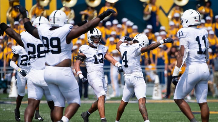 Penn State cornerback A.J. Harris (4) celebrates a pass breakup in the first half against West Virginia. 