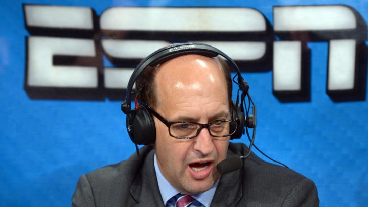Apr 17, 2013; Los Angeles, CA, USA; ESPN broadcaster Jeff Van Gundy during the NBA game between the Houston Rockets and the Los Angeles Lakers at the Staples Center. Mandatory Credit: Kirby Lee-USA TODAY Sports